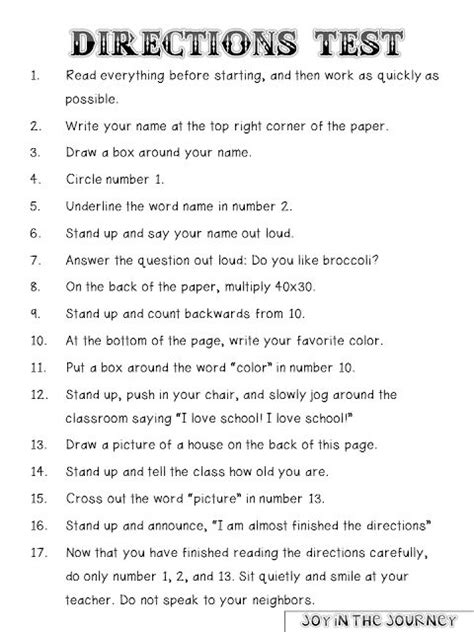 following directions worksheet middle school free